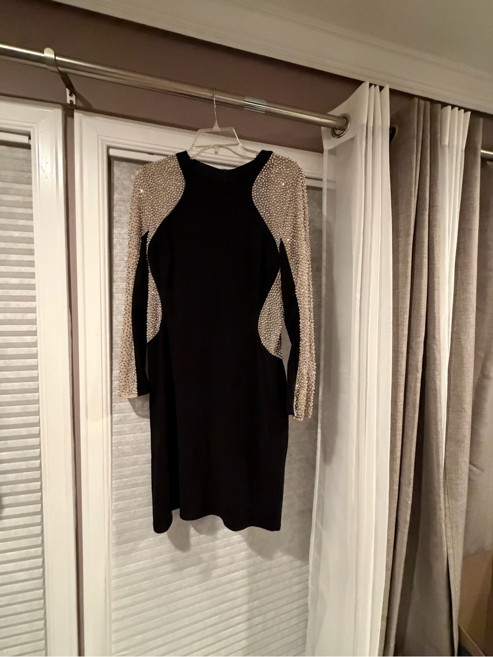 Xscape Black Dress with Gold Beaded Sleeves